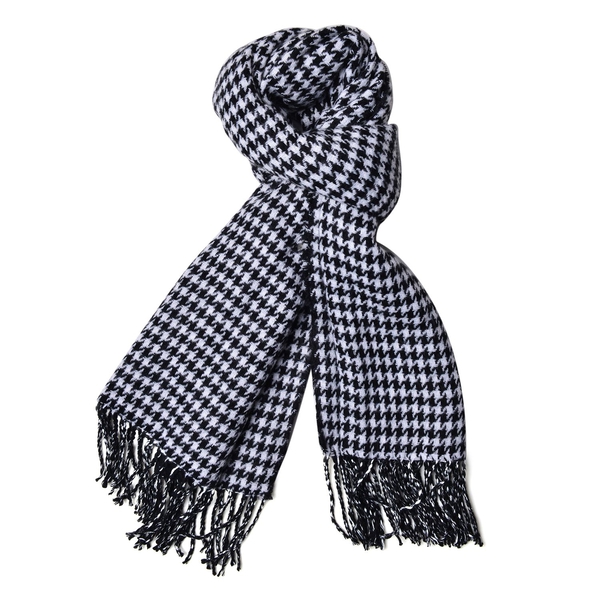 Close Out Deal- Black and White Colour Houndstooth and Stripes Pattern Reversible Scarf with Tassels (Size 180X60 Cm)