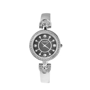 STRADA Japanese Movement White Austrian Crystal Studded Black Dial Watch - Silver and Black