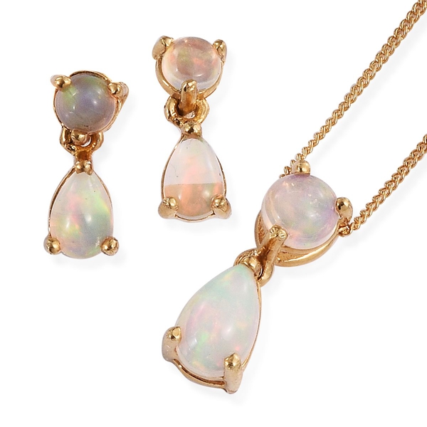 Ethiopian Welo Opal (Pear) Pendant With Chain and Earrings (with Push Back) in 14K Gold Overlay Ster