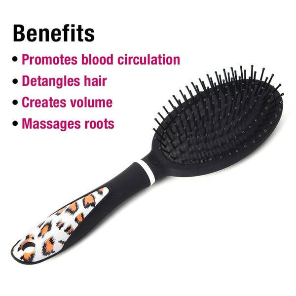 5 Piece Set - Hair Brushes (includes 1 Flat Comb, 1 Flat Modelling Brush, 1 Roll Modelling Brush, 1 Massage Brush) and 1 Mirror with Leopard Print Hand Shank - Black