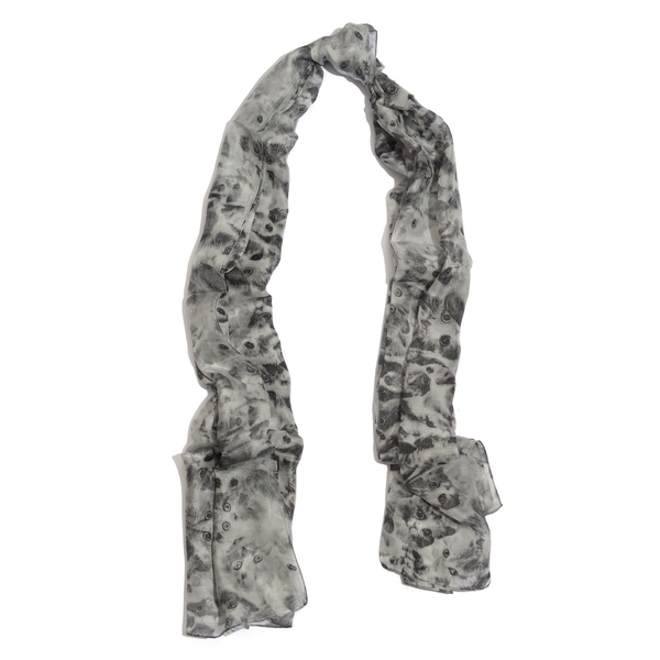 100% Mulberry Silk Cat Printed Grey and Black Colour Scarf (Size 180x105 Cm)