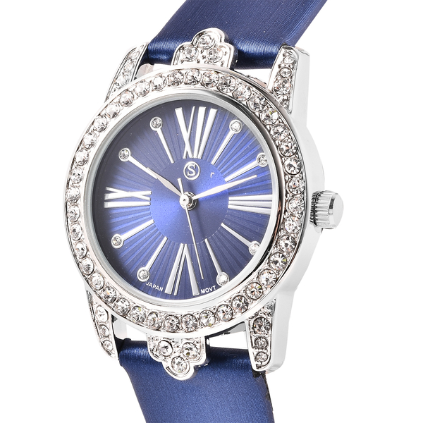 STRADA Japanese Movement White Austrian Crystal Studded Water Resistant Watch with Dark Blue Strap