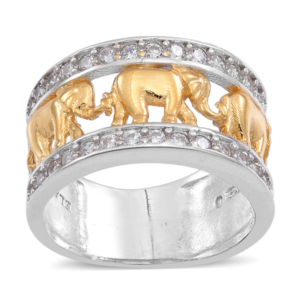 ELANZA AAA Simulated Diamond (Rnd) Royal Thai Elephant Band Ring in Platinum and Yellow Gold Overlay