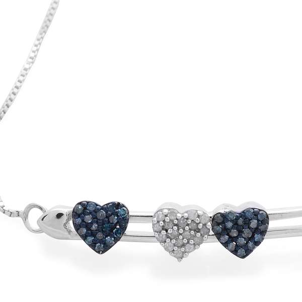 Designer Inspired - Blue Diamond (Rnd), White Diamond Adjustable Hearts Bracelet (Size 6.5-9) in Platinum Overlay Sterling Silver 0.250 Ct.
