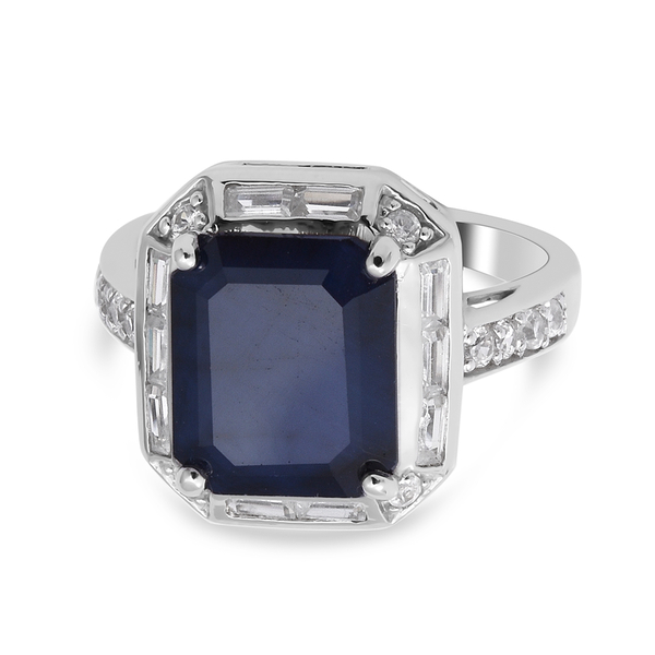 Close Out Deal- Masoala Blue Sapphire (FF) and Natural Cambodian Zircon Ring in Rhodium Overlay Ster