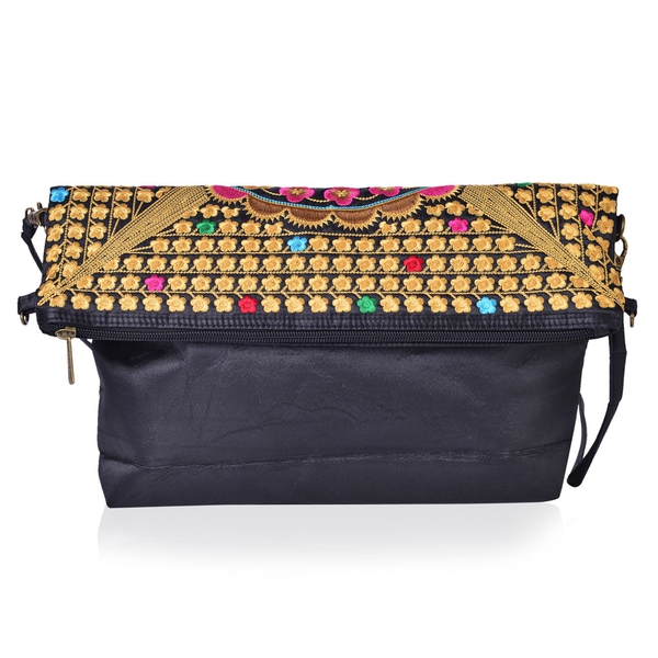 Shanghai Collection Multi Colour Floral Embroidered Clutch or Sling Bag with Removable Shoulder Strap (Size 34X32X7 Cm)