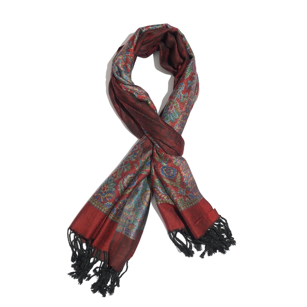 Red, Maroon and Multi Colour Scarf with Tassels (Size 180x70 Cm)