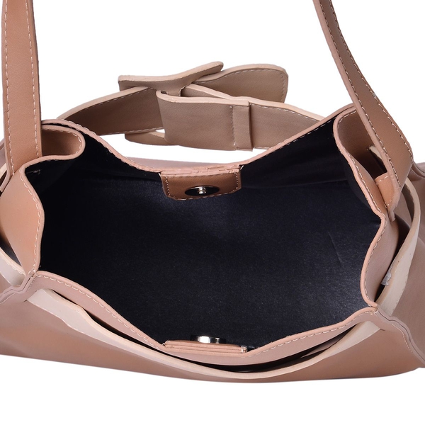 Set of 2 - Tan and Cream Colour Large Handbag with Adjustable Shoulder Strap and Small Handbag (Size 28x25x12.5 Cm, 17.5x15x7.5 Cm)