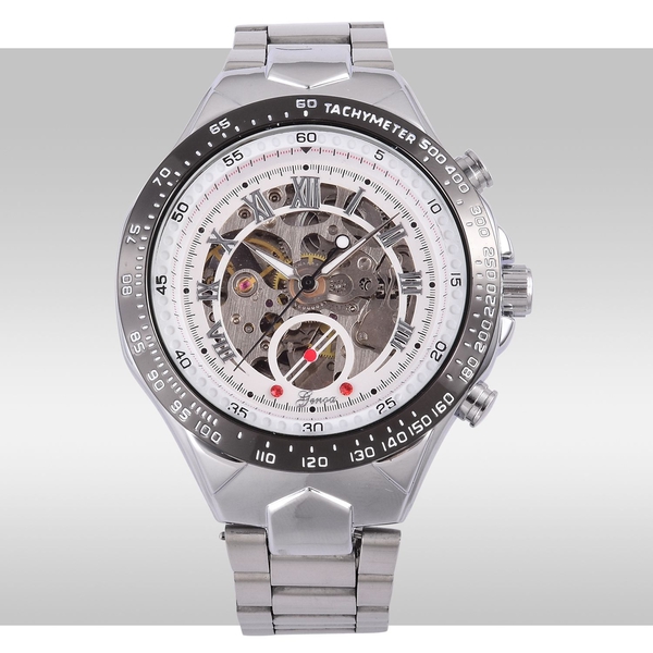GENOA Automatic Skeleton Red Austrian Crystal Studded White Dial Water Resistant Watch in Silver Tone with Stainless Steel Back and Chain Strap