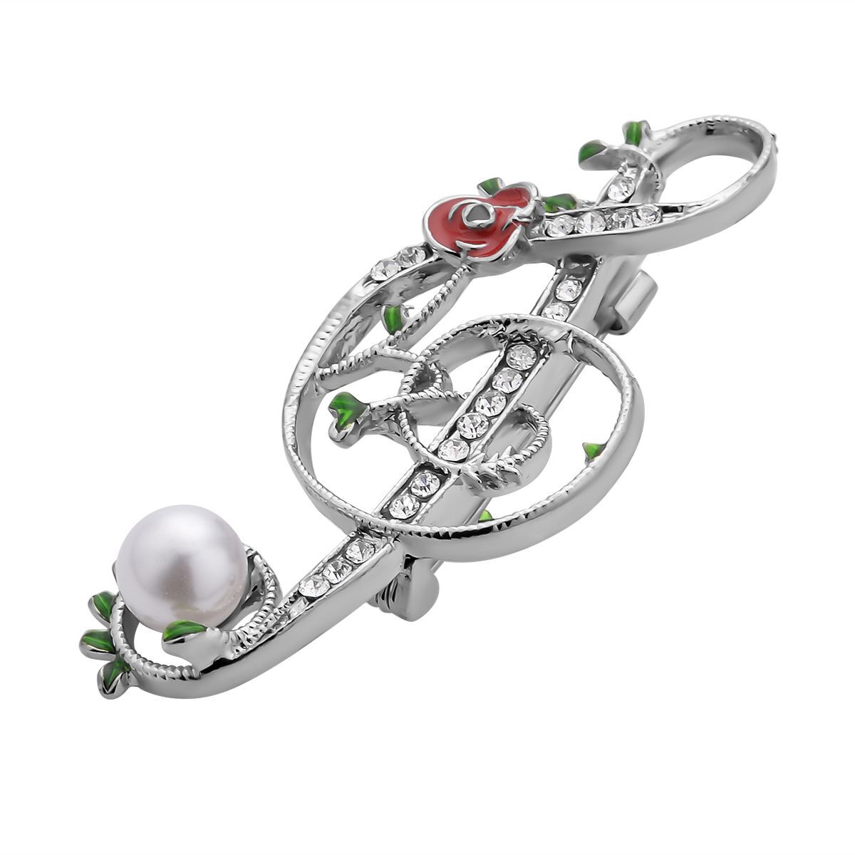 Set of 2 - Simulated Pearl and White Austrian Crystal Musical Note & Sailboat Brooch With Enamelling in Silver Tone