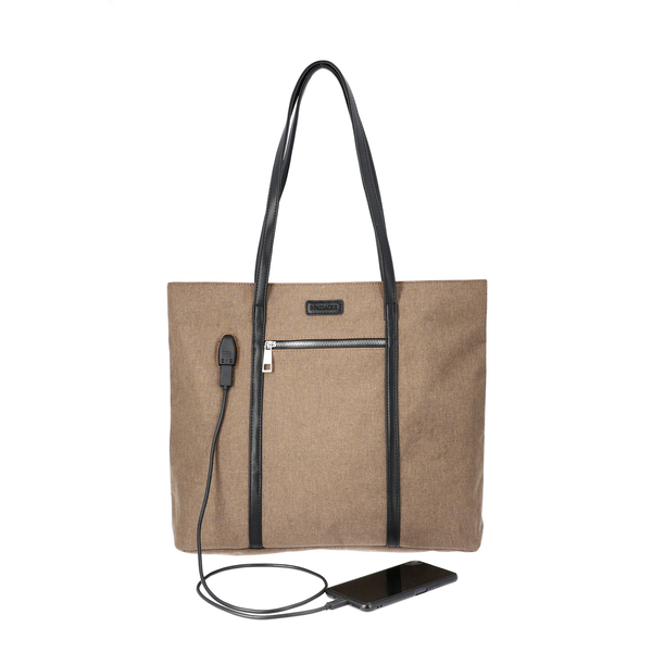 Multi Purpose Zipper Closure Tote Bag (40x13x35cm) with Wristlet (20x12cm) and Power Bank - Tan