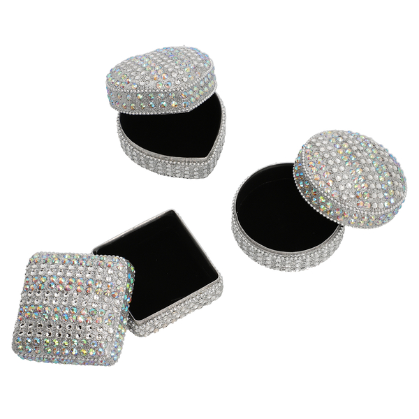 Set of 3 - Sequence Work Square, Round and Heart Shape Jewellery Box (Size 6x6x3Cm, 6x3Cm, 7x3Cm) - Silver