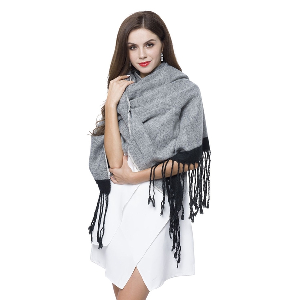 One Time Close Out Deal- Grey and Black Colour Scarf with Tassels (Size 190X70 Cm)