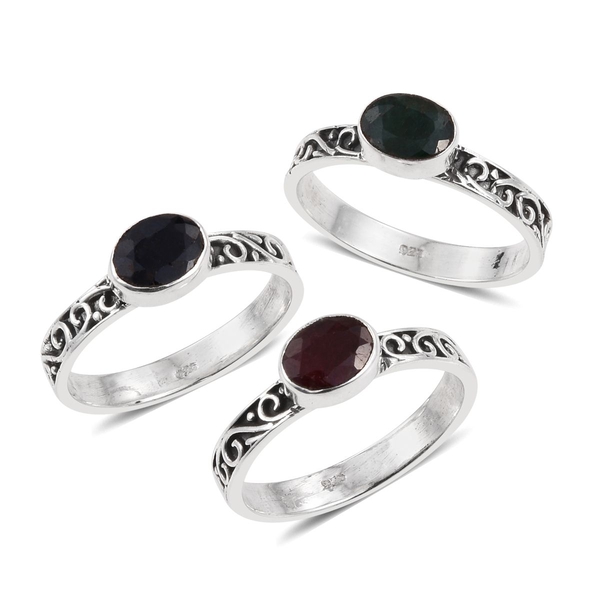 Set of 3 - Hand Made Indian Blue Sapphire (Ovl), Indian Ruby and Indian Emerald Ring in Sterling Sil