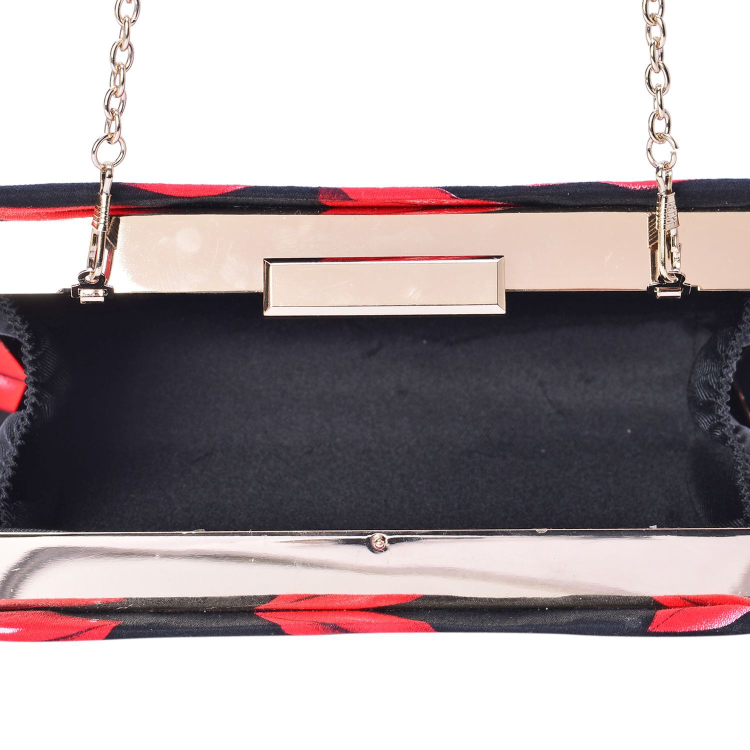 (Option 1) Red Colour Lips Pattern Black Colour Clutch Bag with Removable Chain Strap (Size 20x14x4 Cm)