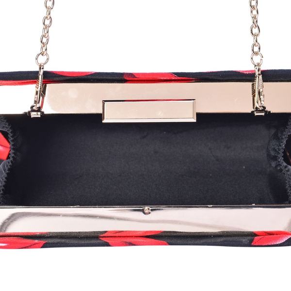 (Option 1) Red Colour Lips Pattern Black Colour Clutch Bag with Removable Chain Strap (Size 20x14x4 Cm)