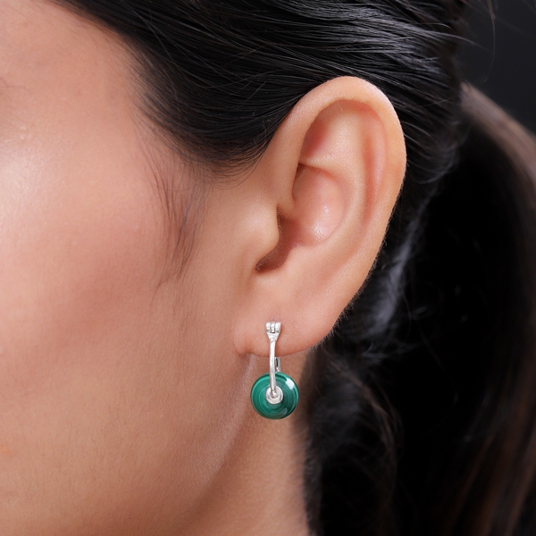 Malachite Hoop Earrings (with Clasp) in Sterling Silver 21.83 Ct