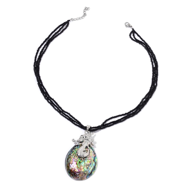 Abalone Shell and Simulated Black Spinel Pendant With Chain in Silver Tone with Stainless Steel 114.
