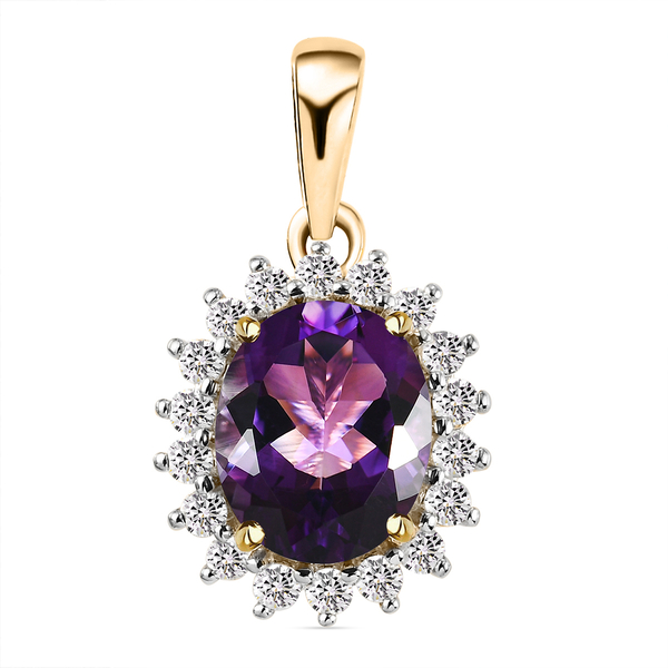 9K Yellow Gold AA Moroccan Amethyst and Natural Cambodian Zircon Halo Pendant 5.90 Ct.