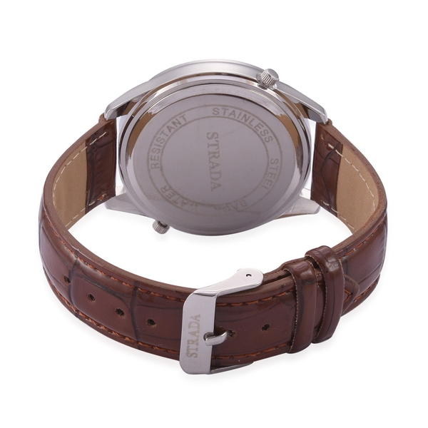 STRADA Japanese Movement White Dial Water Resistant Watch in Silver Tone with Stainless Steel Back and Chocolate Strap