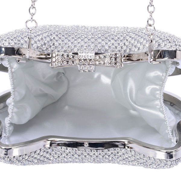 White Austrian Crystal Studded Clutch Bag in Silver Tone with Removable Chain Strap (Size 16x12x4 Cm)
