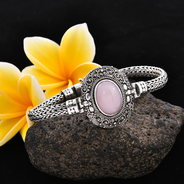 Royal Bali Collection - Peruvian Pink Opal (Ovl 18x13mm) Tulang Naga Bracelet (Size 8) in Sterling Silver 8.77 Ct, Silver wt 35.55 Gms