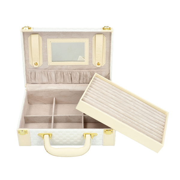 White Colour Woven Pattern Briefcase Design Double Layer Jewellery Box with Mirror Inside (Size 27.5X18.5X9 Cm)