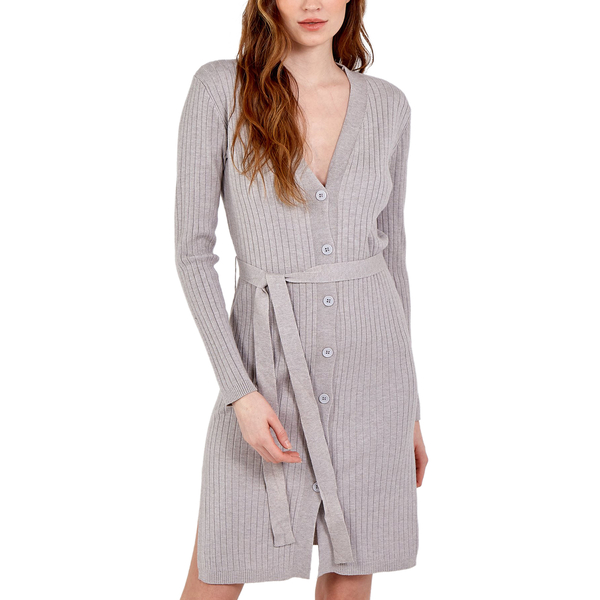 Nova of London Ribbed Long Button Up Cardigan with Tie Wrap in Grey 