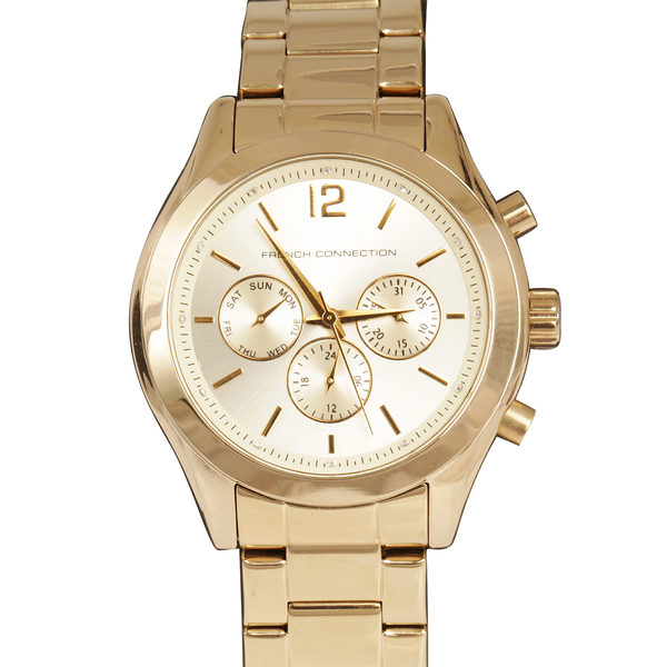 FRENCH CONNECTION Three Eyes Chronograph Ladies Mayfair Bracelet Watch in Gold Tone Strap and Stainl