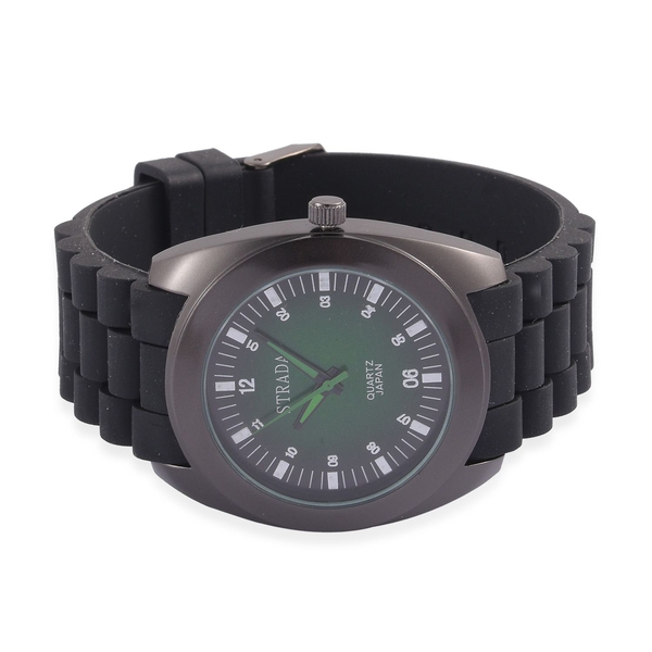 STRADA Japanese Movement Green Dial Water Resistant Watch in Black Tone with Stainless Steel Back and Black Silicone Strap