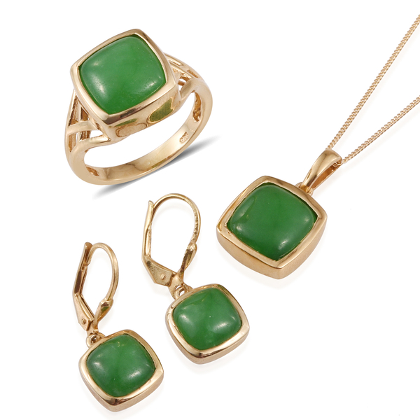 Green Jade (Cush) Ring, Pendant With Chain and Lever Back Earrings in 14K Gold Overlay Sterling Silv