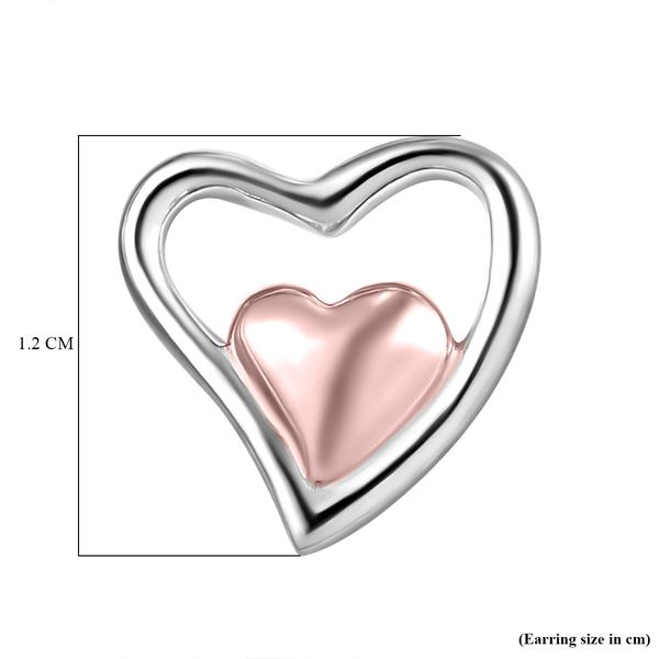 Platinum and Rose Gold Overlay Sterling Silver Heart Stud Earrings (with Push Back)