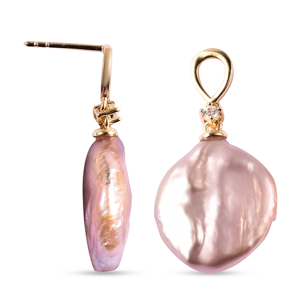 Purple Baroque Coin Pearl and Natural Cambodian Zircon Drop Earrings (with Push Back) in Yellow Gold Overlay Sterling Silver