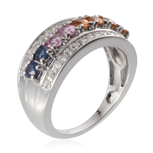 Kanchanaburi Blue Sapphire (Rnd), Orange Sapphire, Yellow Sapphire, Pink Sapphire and White Topaz Ring in Platinum Overlay Sterling Silver 1.750 Ct.