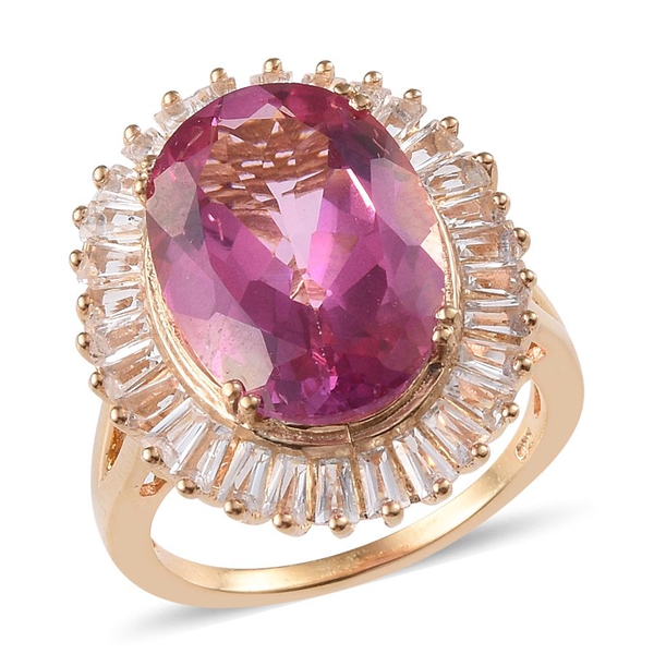 Mystic Pink Coated Topaz (Ovl 13.50 Ct), White Topaz Ring in 14K Gold Overlay Sterling Silver 16.250