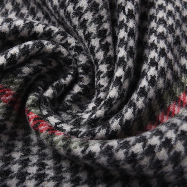 Houndstooth Pattern Wool Scarf with Fringes (Size 170x30 Cm) - Black and Red