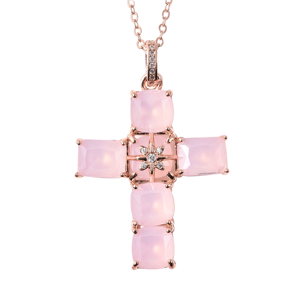 2 Piece Set - Simulated Rose Quartz and Simulated Diamond Ring and Cross Pendant with Chain (Size 20 with 3 inch Ext.)
