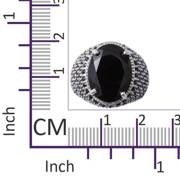 Boi Ploi Black Spinel (Ovl 16x12 mm) Ring in Rhodium Overlay Sterling Silver 11.800 Ct, Silver wt 6.61 Gms, Number of Gemstone 107