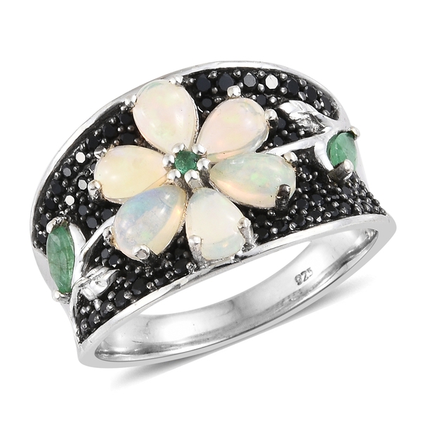 Ethiopian Welo Opal (Pear), Boi Ploi Black Spinel and Kagem Zambian Emerald Floral Ring in Platinum 