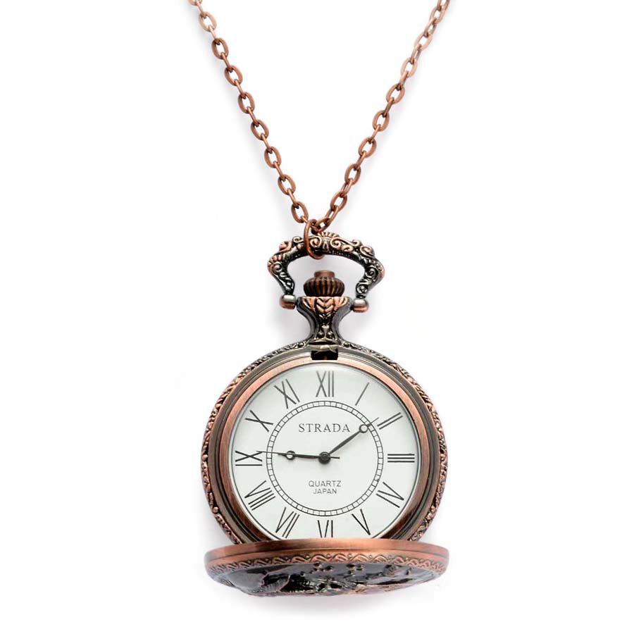 STRADA Japanese Movement Roman Number Dial ZODIAC Capricorn Pocket Watch with Chain (Size 32) in Rose Tone