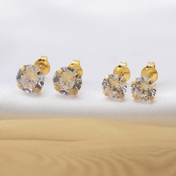Set of 2 - ELANZA Simulated Diamond Stud Earrings (with Push Back) in Yellow Gold Overlay Sterling Silver