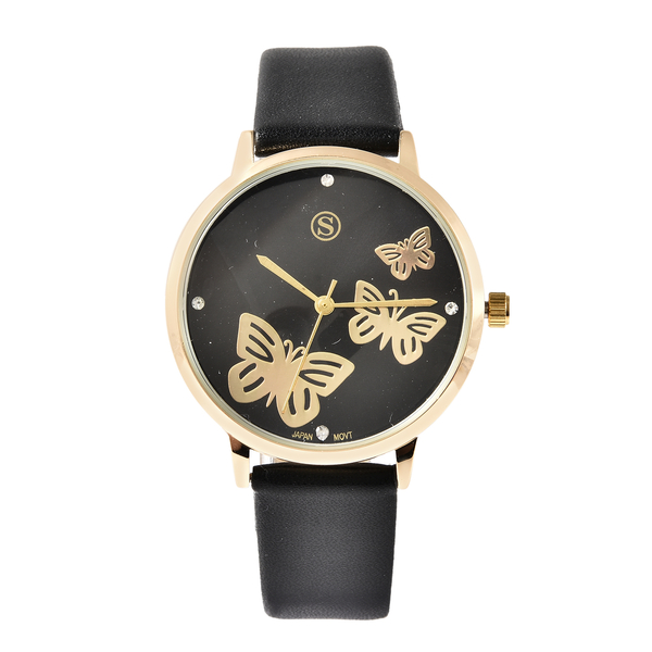 STRADA Japanese Movement Butterfly Pattern Dial White Austrian Crystal Studded Water Resistant Watch with Black Colour Strap