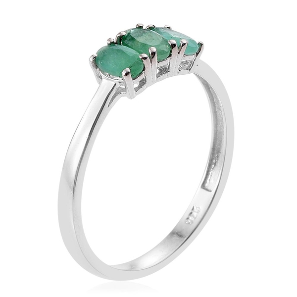 0.66 Ct Kagem Zambian Emerald Trilogy Ring in Platinum Plated Silver