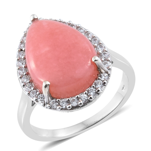 7.75 Ct Peruvian Pink Opal and Zircon Halo Ring in Platinum Plated Sterling Silver