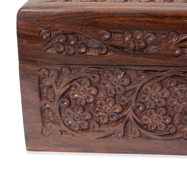 Brass Inlay Indian Rosewood Elephant and Leaves Carved 2 Tier Jewellery Box (Size 10x6x3.75 inch)