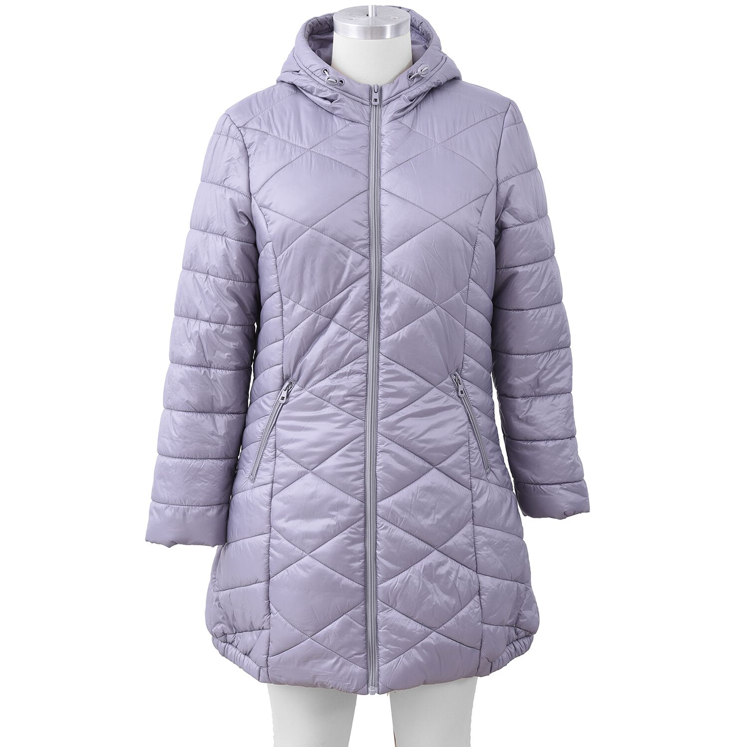 Solid Colour Women Long Puffer Coat with Two Zipper Pockets (Size XL 16 - 18) - Silver Grey