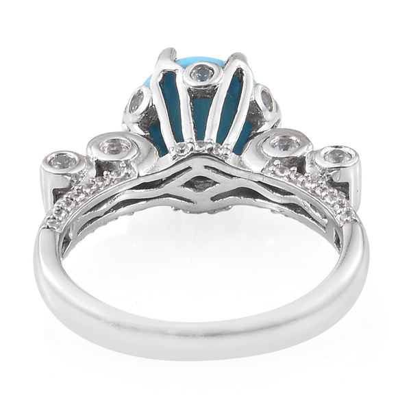 Arizona Sleeping Beauty Turquoise (Rnd 3.50 Ct), Natural Cambodian Zircon Ring in Platinum Overlay Sterling Silver 4.500 Ct. Silver wt 5.50 Gms.
