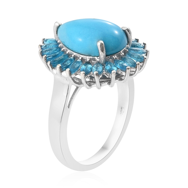 Arizona Sleeping Beauty Turquoise (Pear 4.65 Ct), Malgache Neon Apatite Ring in Platinum Overlay Sterling Silver 6.750 Ct.