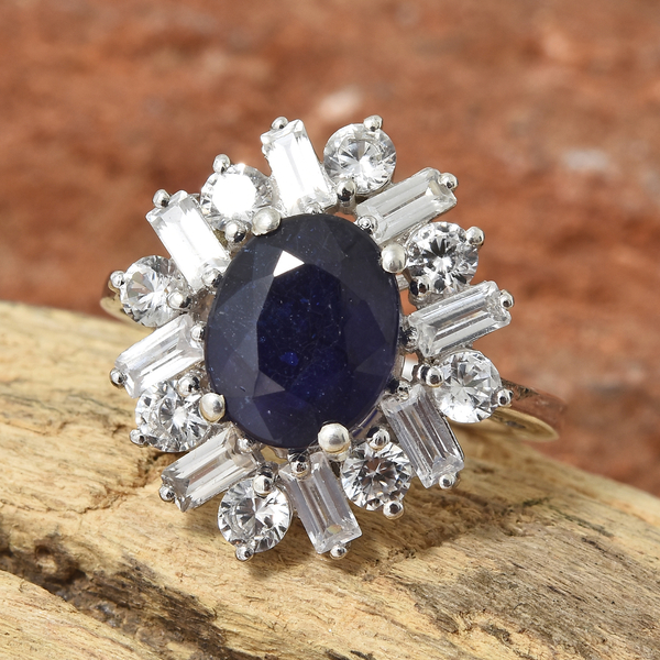 Cocktail Collection- Masoala Sapphire (Ovl 10x8 mm 3.20 Cts), Natural Cambodian Zircon Ring in Platinum Overlay Sterling Silver 6.000 Ct.