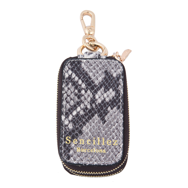 SENCILLEZ 100% Genuine Leather Snake Pattern Key Holder Chain with Detachable Lobster Clasp and Zipper Closure - Beige